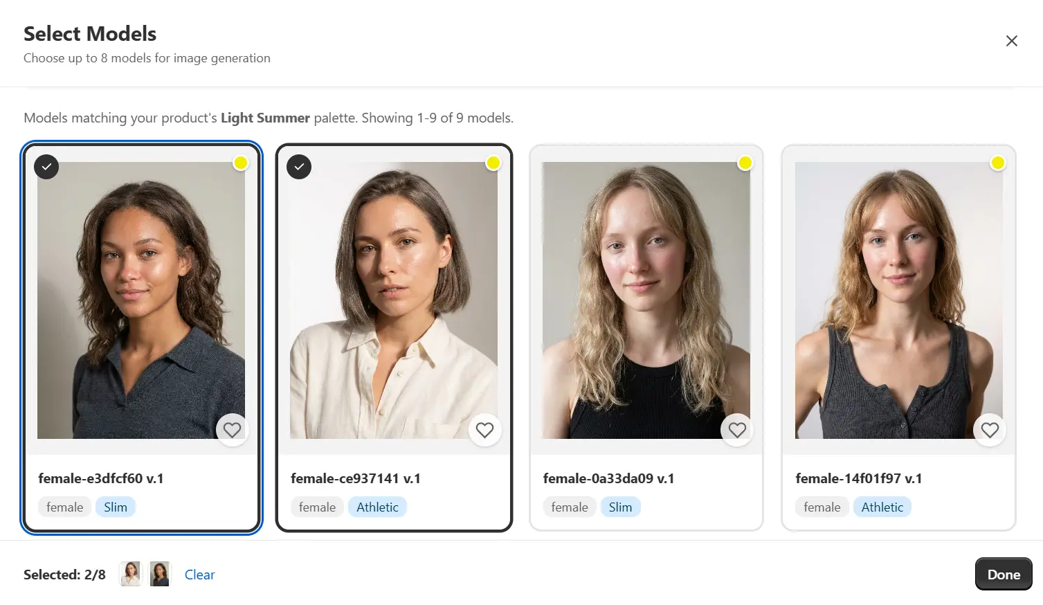 AI model selection grid showing diverse body types, ages, and ethnicities