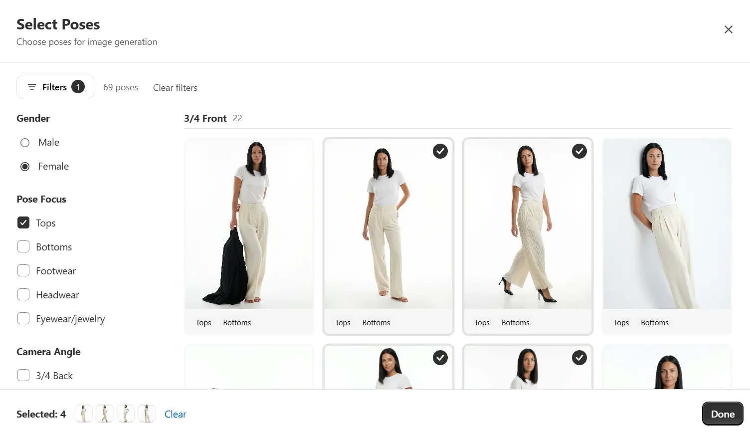 TryOnSmart dashboard showing product shot template selection